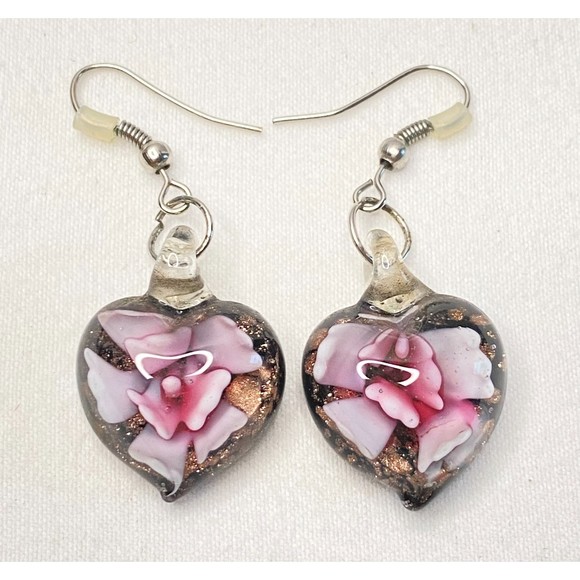 Flower In Glass Heart Shape Dangle Earrings - Picture 1 of 9